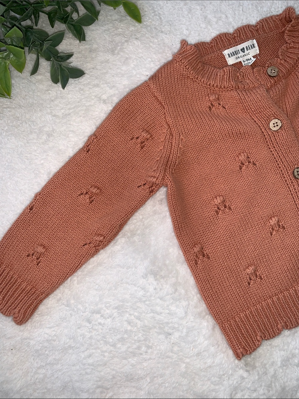 Rabbit + Bear Dusty Orange Cardigan Sweater 6-9M EUC Organic Cotton - Picture 2 of 8